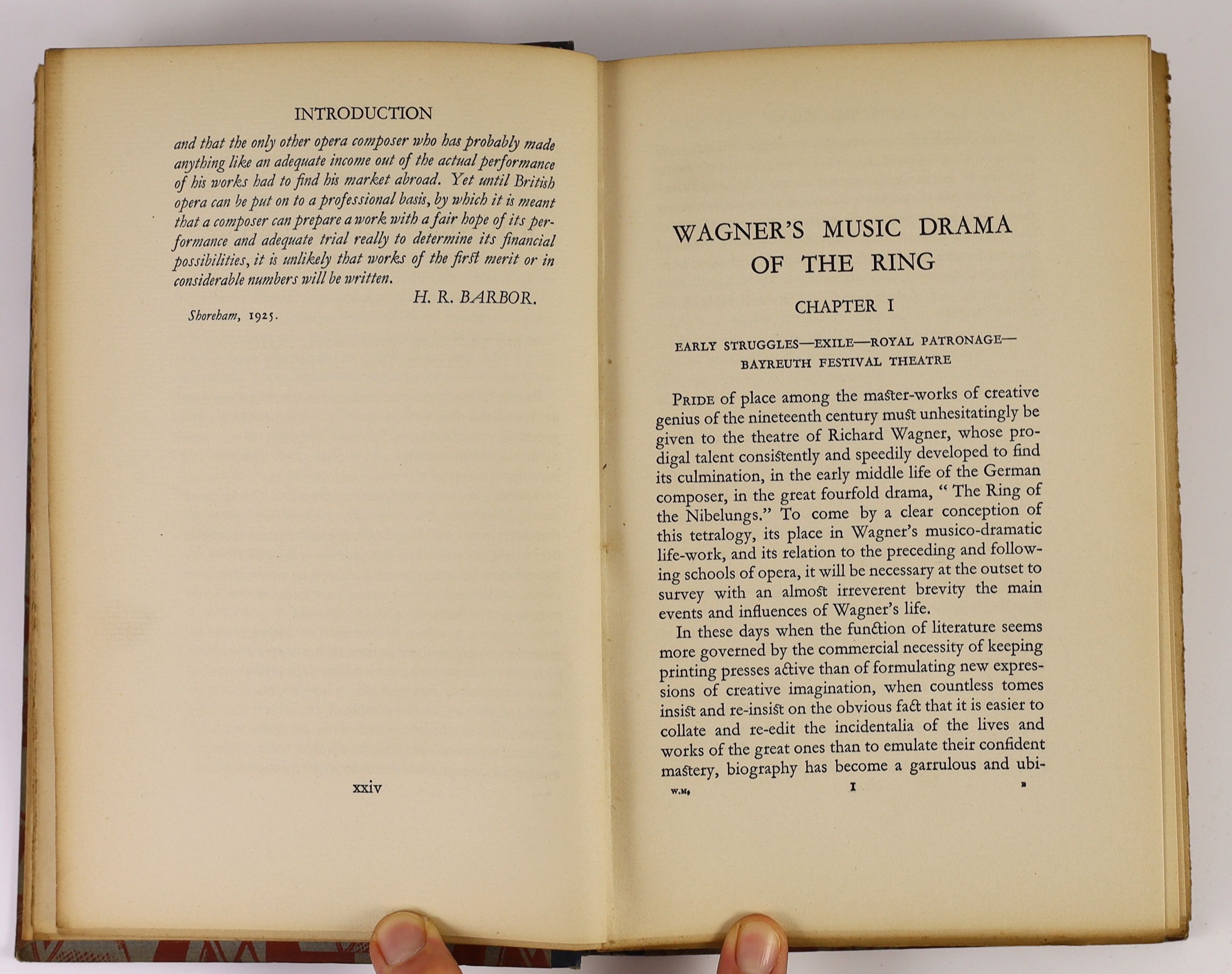 Leroy, L. Archer - Wagner’s Music Drama of the Ring. 1st edition. Complete with 4 wood engravings by Paul Nash. Quarter cloth and decorative paper, designed by Paul Nash, with title label on spine. Top edge trimmed, othe